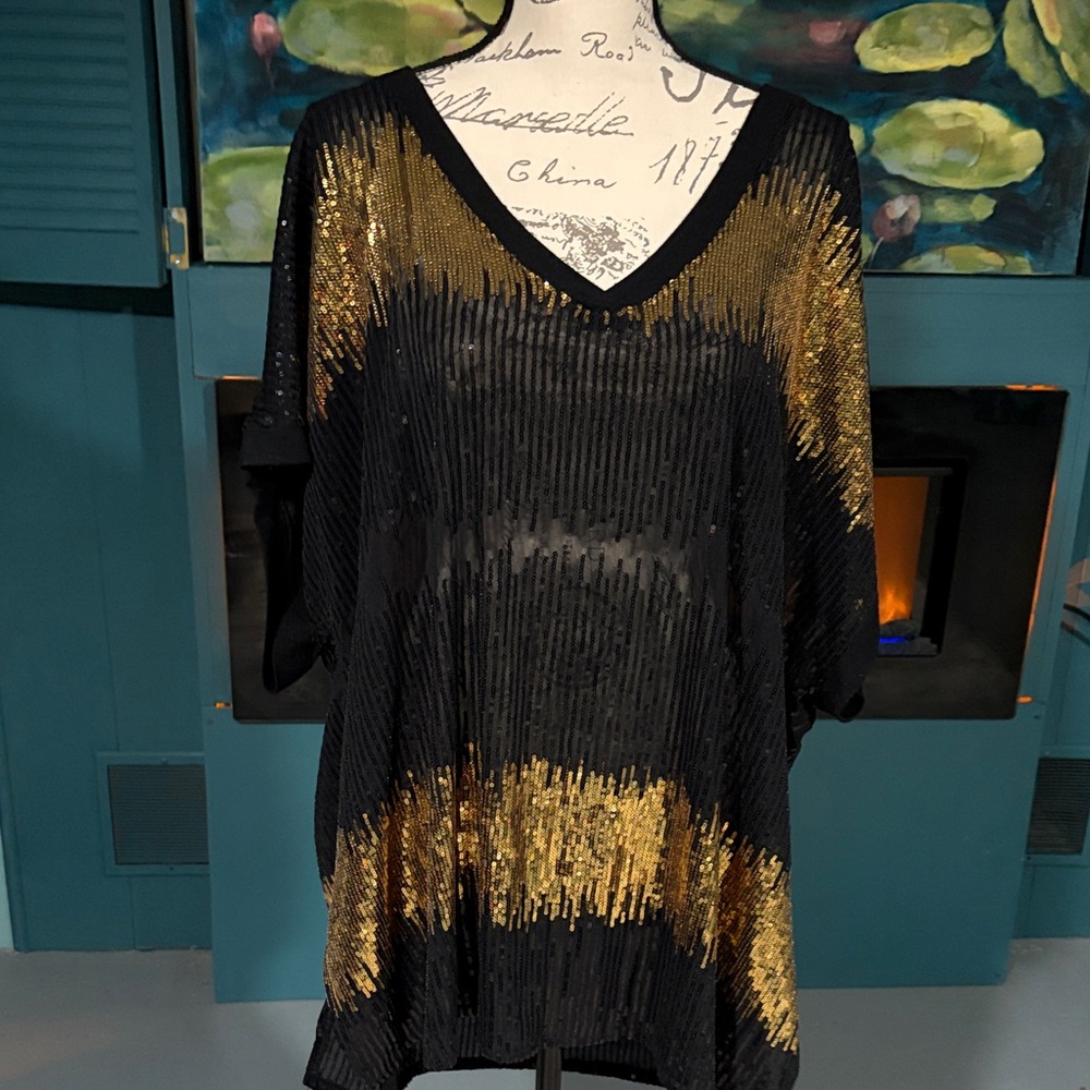 INC International Concepts Black and Gold Sequin V-Neck Blouse